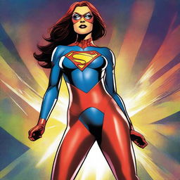 A digital art image showcasing a superheroine, dressed in a tasteful suit with a unique, light-reflecting 'panties' emblem