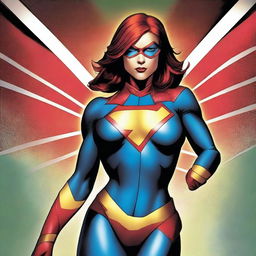 A digital art image showcasing a superheroine, dressed in a tasteful suit with a unique, light-reflecting 'panties' emblem