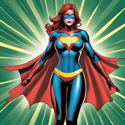 A digital art image showcasing a superheroine, dressed in a tasteful suit with a unique, light-reflecting 'panties' emblem