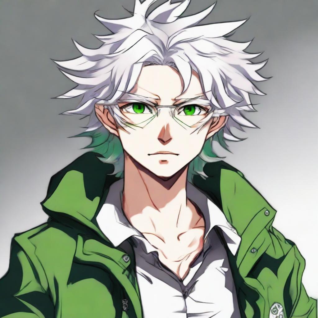 An artistic rendition of Nagito Komaeda from Danganronpa, noted for his messy white hair, green eyes and layered attire.