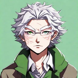 An artistic rendition of Nagito Komaeda from Danganronpa, noted for his messy white hair, green eyes and layered attire.