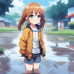 An anime-style digital art image depicting a young girl with an embarrassed expression, standing in a puddle