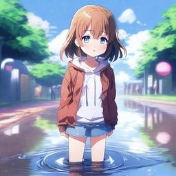 An anime-style digital art image depicting a young girl with an embarrassed expression, standing in a puddle