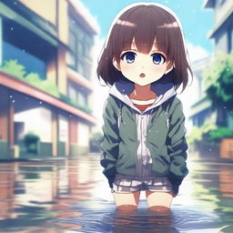 An anime-style digital art image depicting a young girl with an embarrassed expression, standing in a puddle