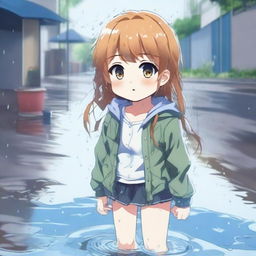 An anime-style digital art image depicting a young girl with an embarrassed expression, standing in a puddle