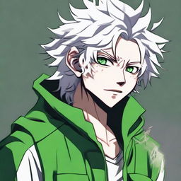 An artistic rendition of Nagito Komaeda from Danganronpa, noted for his messy white hair, green eyes and layered attire.