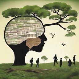 An image portraying people's progression from poverty to wealth, with a focus on the brain, all set amidst natural surroundings.