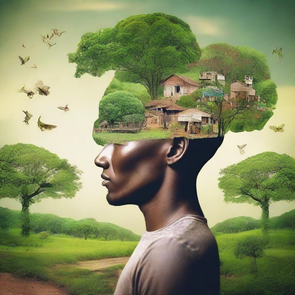 An image portraying people's progression from poverty to wealth, with a focus on the brain, all set amidst natural surroundings.