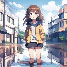A high-quality digital art image in anime style, featuring a young girl with a flustered expression, standing in a puddle