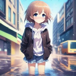 A high-quality digital art image in anime style, featuring a young girl with a flustered expression, standing in a puddle
