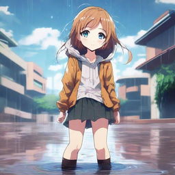 A high-quality digital art image in anime style, featuring a young girl with a flustered expression, standing in a puddle