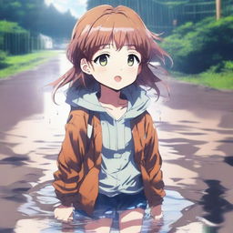 A high-quality digital art image in anime style, featuring a young girl with a flustered expression, standing in a puddle