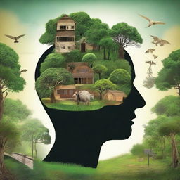 An image portraying people's progression from poverty to wealth, with a focus on the brain, all set amidst natural surroundings.