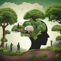 An image portraying people's progression from poverty to wealth, with a focus on the brain, all set amidst natural surroundings.