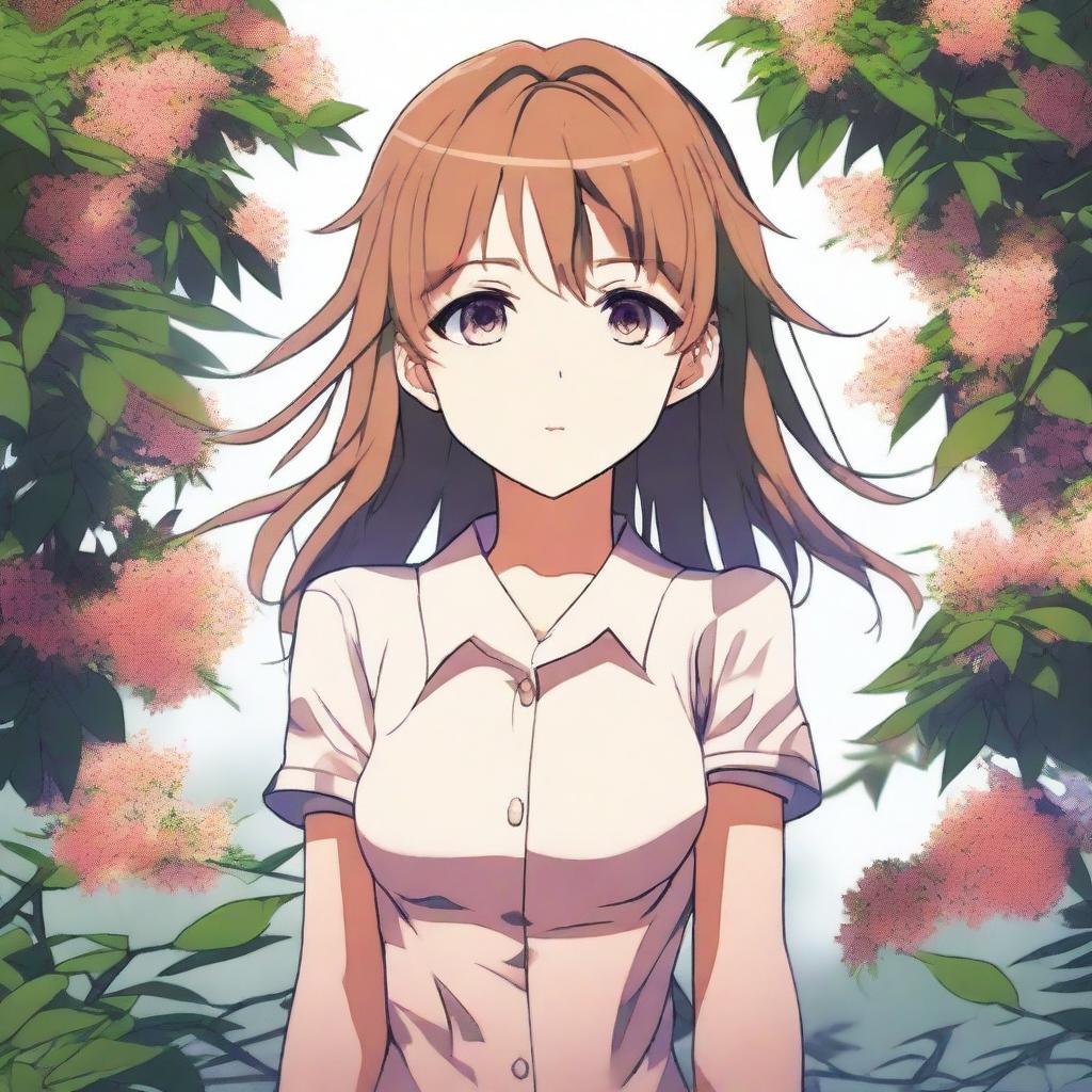A digital art image featuring an anime-style girl, standing behind a bush with a relieved expression on her face