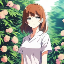 A digital art image featuring an anime-style girl, standing behind a bush with a relieved expression on her face