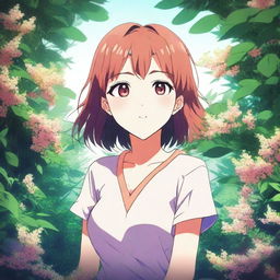 A digital art image featuring an anime-style girl, standing behind a bush with a relieved expression on her face