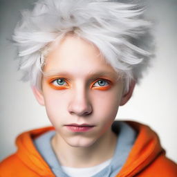 Teenage boy with fluffy white hair and vibrant orange eyes, displaying first signs of disappointment and upset.