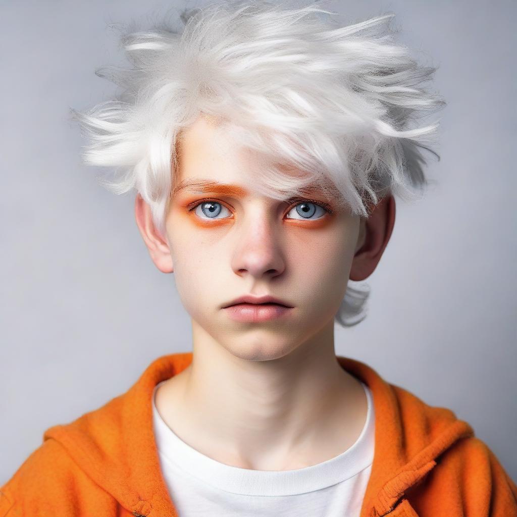 Teenage boy with fluffy white hair and vibrant orange eyes, displaying first signs of disappointment and upset.