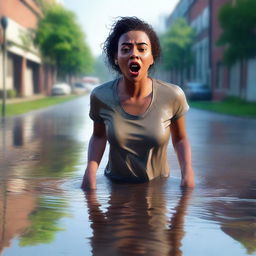 A high-quality digital art image, featuring a woman with a surprised expression, standing in a puddle