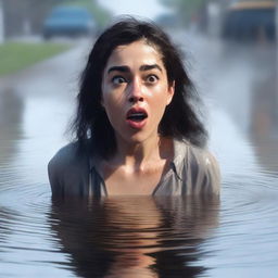 A high-quality digital art image, featuring a woman with a surprised expression, standing in a puddle