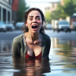 A high-quality digital art image, featuring a woman with a surprised expression, standing in a puddle