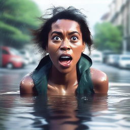 A high-quality digital art image, featuring a woman with a surprised expression, standing in a puddle