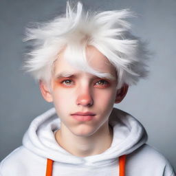 Teenage boy with fluffy white hair and vibrant orange eyes, displaying first signs of disappointment and upset.