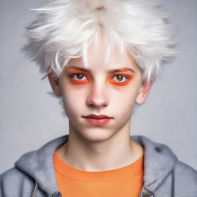 Teenage boy with fluffy white hair and vibrant orange eyes, displaying first signs of disappointment and upset.