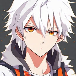 Anime-style teen boy with fluffy white hair and vibrant orange eyes, showing expressions of disappointment and upset.