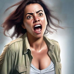 A high-quality digital art image, featuring a woman with a surprised expression, and a noticeable wet patch on her pants