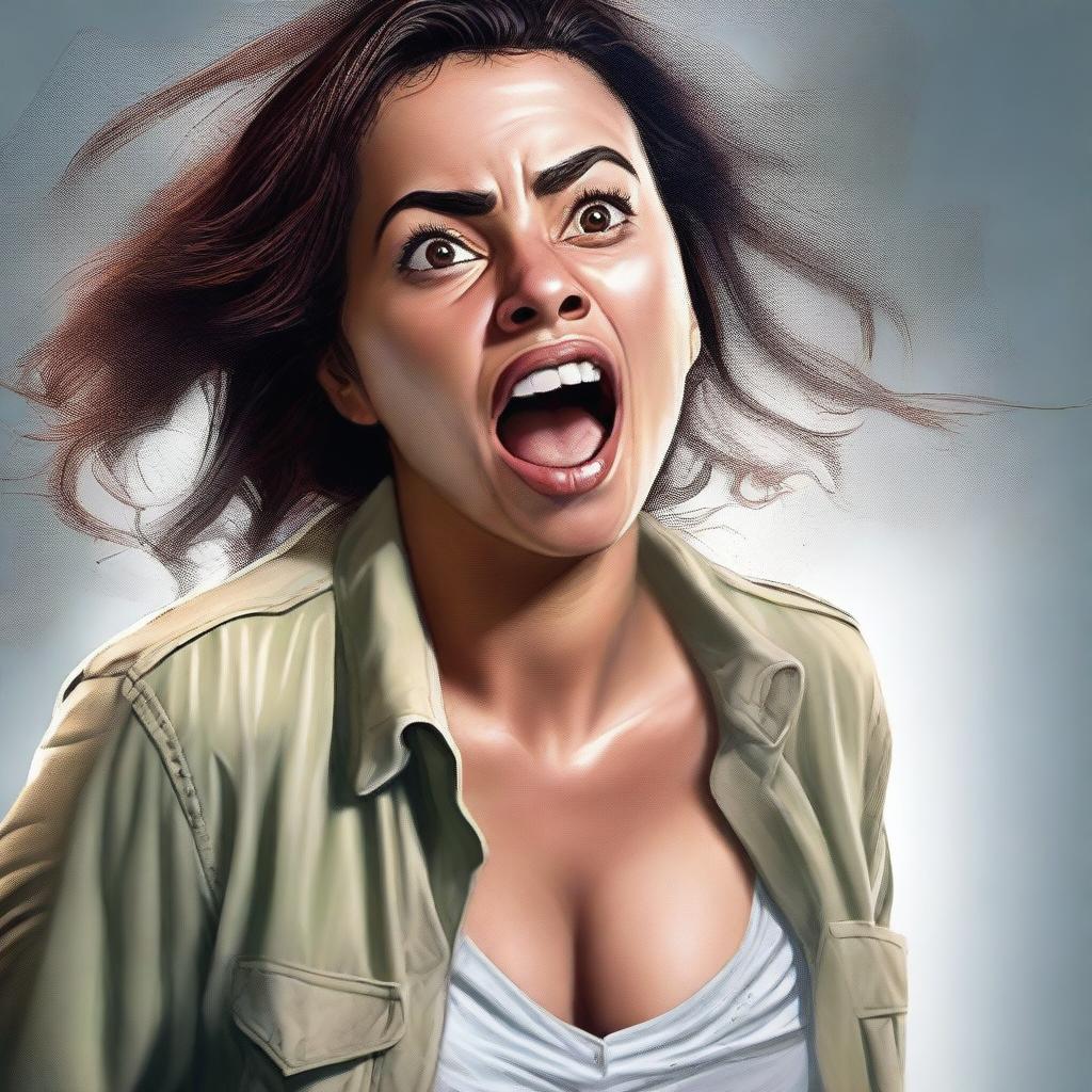 A high-quality digital art image, featuring a woman with a surprised expression, and a noticeable wet patch on her pants