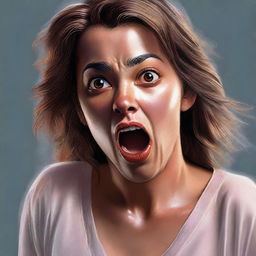 A high-quality digital art image, featuring a woman with a surprised expression, and a noticeable wet patch on her pants