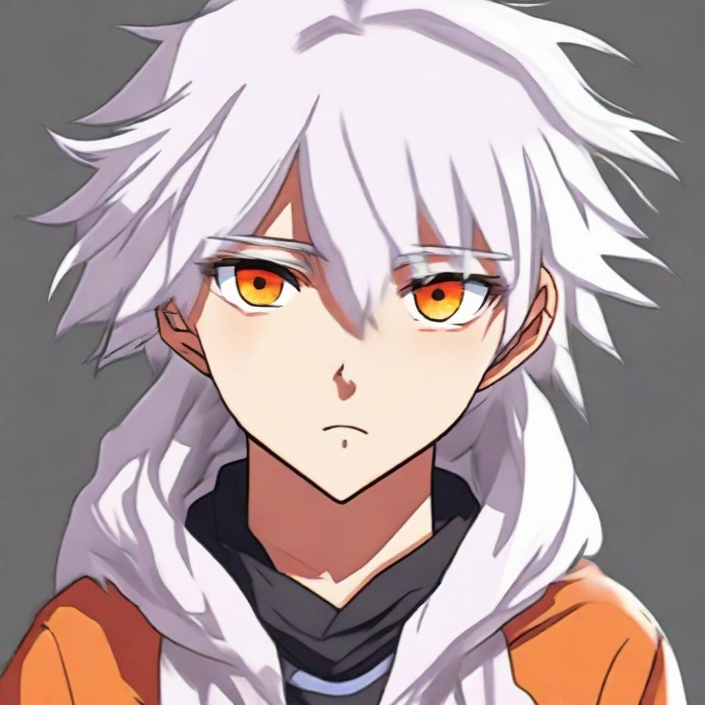 Anime-style teen boy with fluffy white hair and vibrant orange eyes, showing expressions of disappointment and upset.