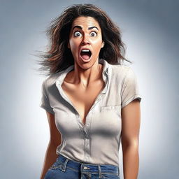 A high-quality digital art image, featuring a woman with a surprised expression, and a noticeable wet patch on her pants