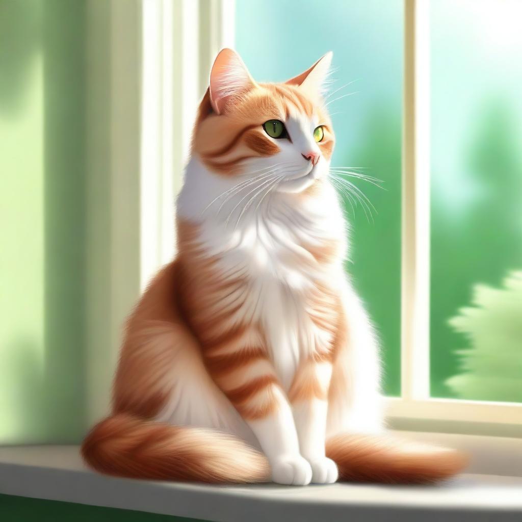 A high-quality digital art of a cute, fluffy domestic cat sitting on a sunny windowsill