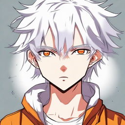 Anime-style teen boy with fluffy white hair and vibrant orange eyes, showing expressions of disappointment and upset.