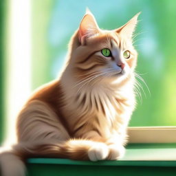 A high-quality digital art of a cute, fluffy domestic cat sitting on a sunny windowsill