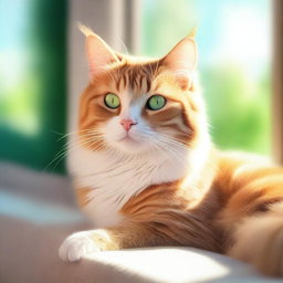 A high-quality digital art of a cute, fluffy domestic cat sitting on a sunny windowsill