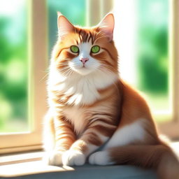 A high-quality digital art of a cute, fluffy domestic cat sitting on a sunny windowsill