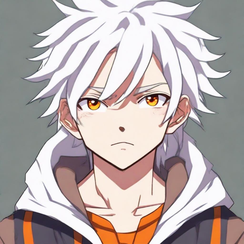 Anime-style teen boy with fluffy white hair and vibrant orange eyes, showing expressions of disappointment and upset.