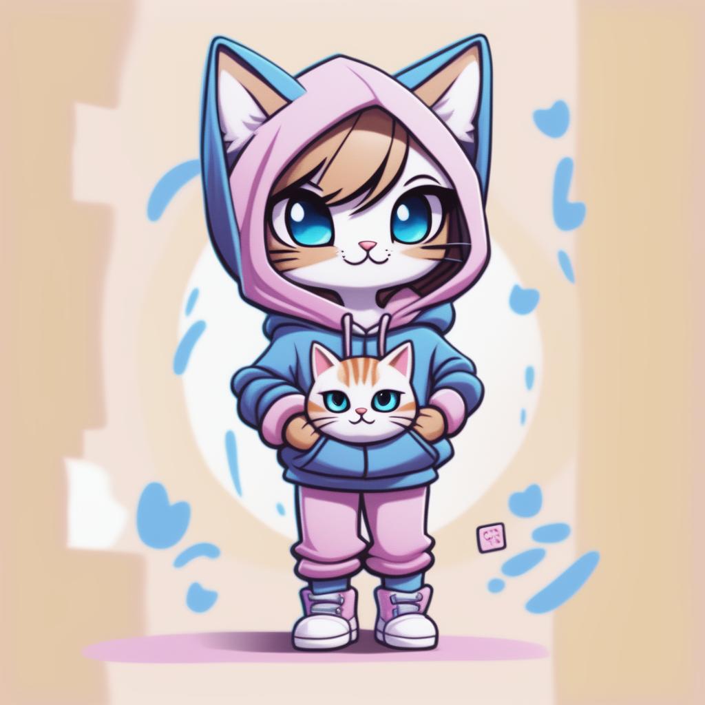 A high-quality digital art piece featuring a cartoon character with a cute cat in her black hoodie