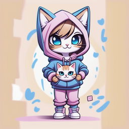 A high-quality digital art piece featuring a cartoon character with a cute cat in her black hoodie