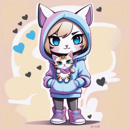 A high-quality digital art piece featuring a cartoon character with a cute cat in her black hoodie