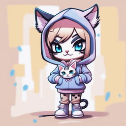 A high-quality digital art piece featuring a cartoon character with a cute cat in her black hoodie