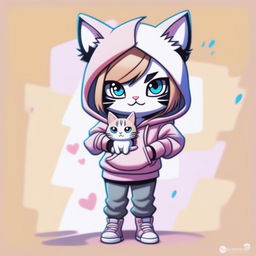A high-quality digital art piece featuring a cartoon character with a cute cat in her black hoodie