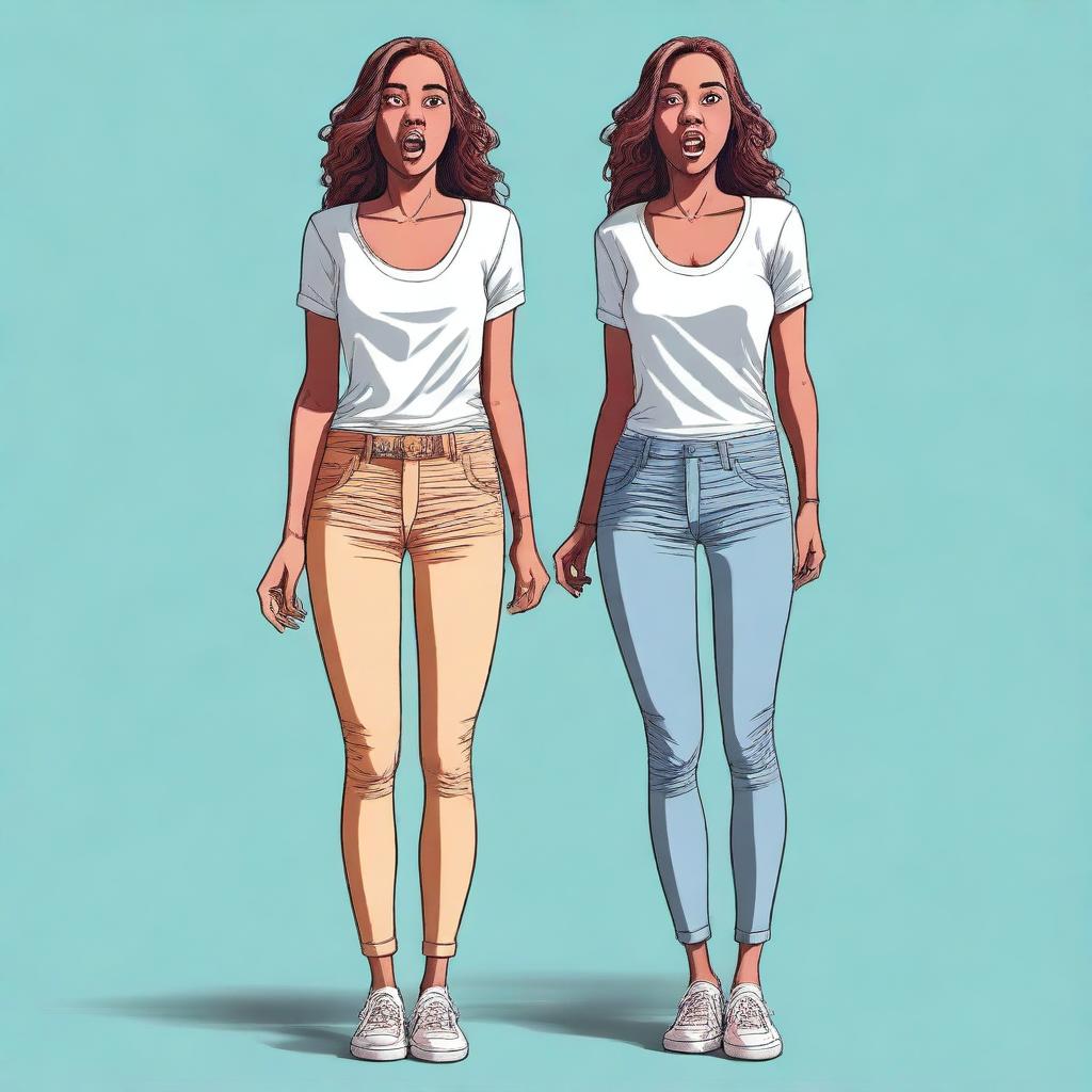 A digital art image portraying a full-body view of a woman with a surprised expression, her pants showing signs of wetness