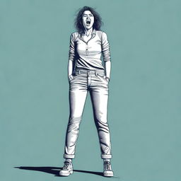 A digital art image portraying a full-body view of a woman with a surprised expression, her pants showing signs of wetness