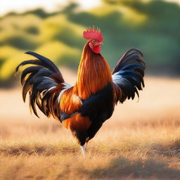 A vibrant, high-quality photograph of a proud rooster standing tall in a grassy field