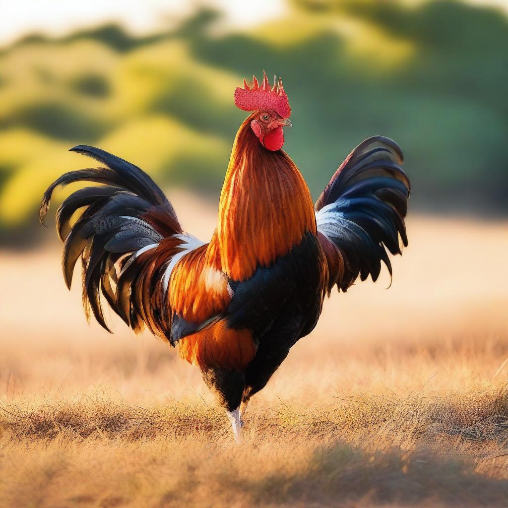 A vibrant, high-quality photograph of a proud rooster standing tall in a grassy field